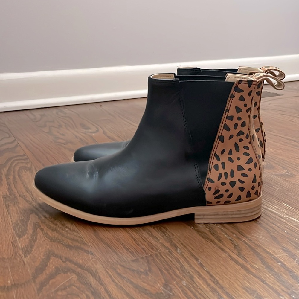 Black Leather Booties with contrasting Leopard Print